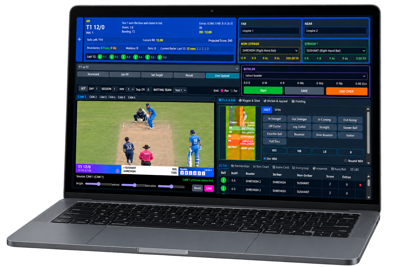 Analyzer-Lite cricket analysis interface with live video, scoring controls and ball-by-ball analysis